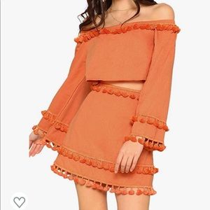 SheIn Women's 2 Piece Outfit Fringe Trim Crop Top Skirt Set size Large orange